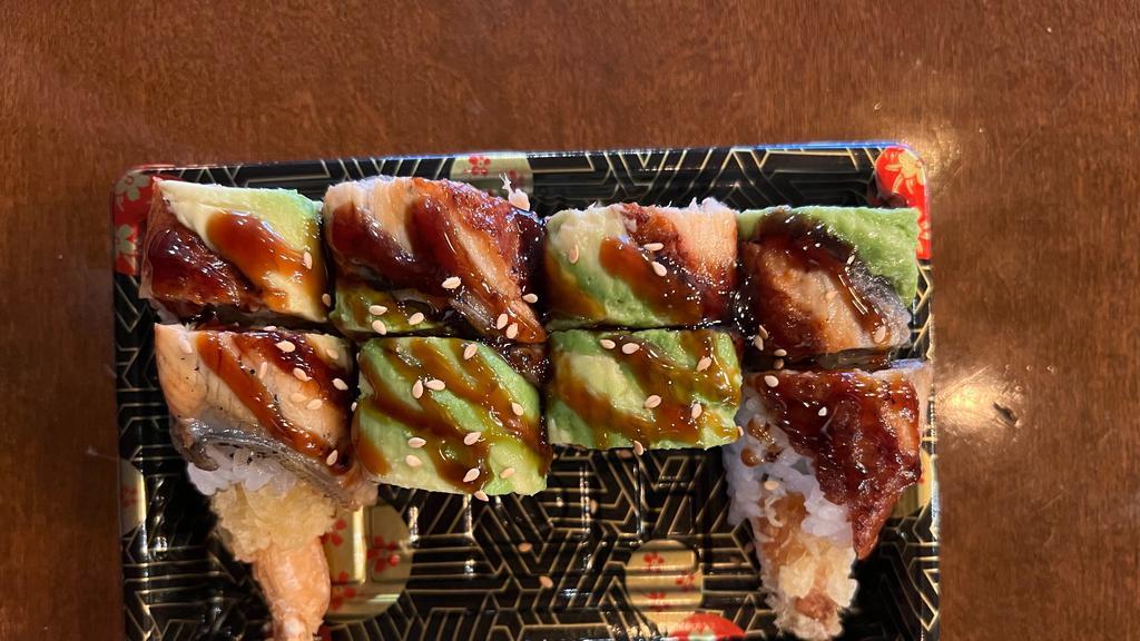 Ninja Roll(8Pcs) · shrimp tempura inside, eel and avocado & eel sauce on top