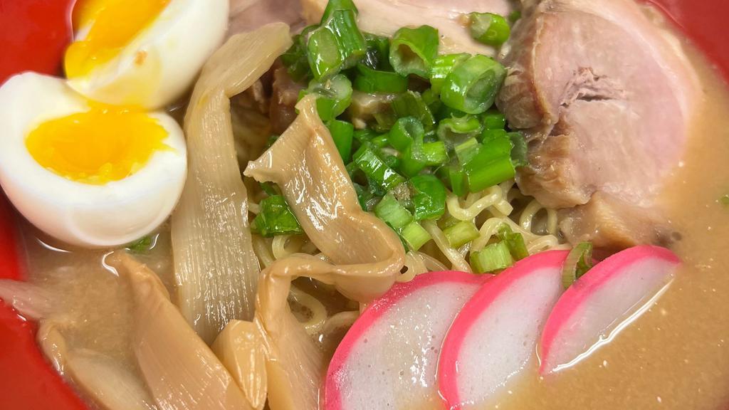 Miso Ramen · Miso broth, noodle, shrimp or pork chashu, egg, seaweed, scallion, fish cake