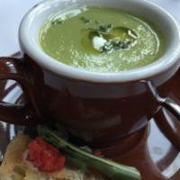 Minted Mushy Peas · Contains dairy. A British classic! Mushy peas, fresh mint leaves, creme fraiche and with a z...