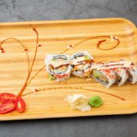 Spider Roll · Tempura kani, avocado, cucumber, topped with caviar, sweet sauce and spicy mayo.