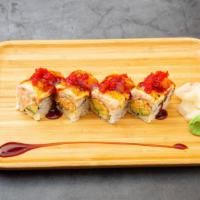 Lava Roll · Spicy kani, avocado, mango inside, topped with salmon, sweet sauce, spicy mayo and caviar to...
