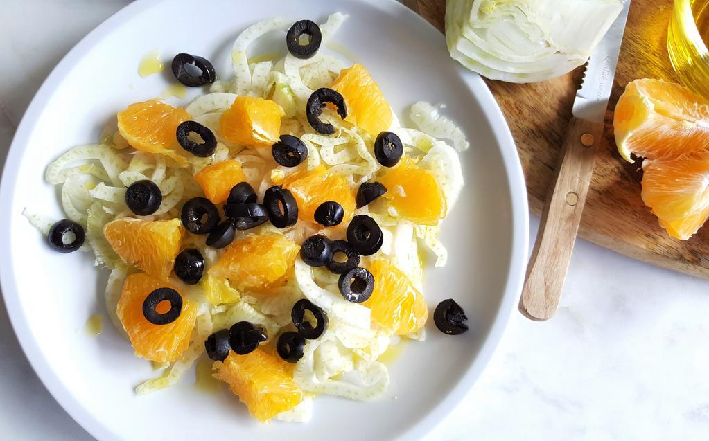 Mediterranean Salad · From the Italian tradition a fresh and organic salad of Navel Oranges, Fennel, Black Olives and Extra virgin olive oil. With sea salt.