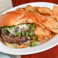 The Fancy Burger · With grilled onion, smoked mayo, arugula and shredded cheese, or plain, with homemade fries.