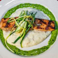 Scottish Salmon · Gluten free. Wood-fire grilled, pure potato and herb drizzle.