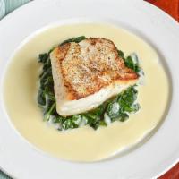 Chatham Cod Fish · Gluten free. Pan-seared, with sautéed spinach and lemongrass beurre blanc.