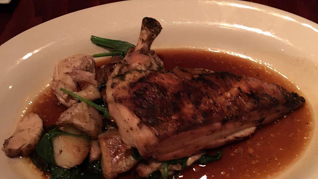 Roasted Organic Chicken · Gluten free. With sautée of chicken confit, red bliss potato and spinach.