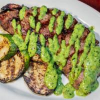 Y. Angus Strip Steak · Gluten free. wood-grilled with chimichurri, and mashed potatoes