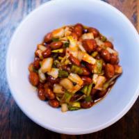 Mala Peanuts · Fried Peanuts With Minced Green Peppers and Onions. Seasoned With Chili Oil, Black Vinegar, ...