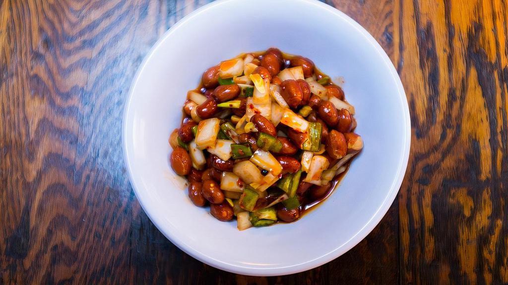 Mala Peanuts · Fried Peanuts With Minced Green Peppers and Onions. Seasoned With Chili Oil, Black Vinegar, and Soy Sauce. Served as a Dish to Be Eaten on the Side.
