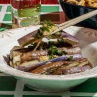 Eggplant With Roasted Garlic · Steamed Eggplant With Soy Sauce, Garlic, and Sesame Oil. Fragrant and Nutty. Garnished With ...
