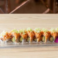 Alaska Special Roll · Salmon, avocado, cucumber inside with spicy Kani and lettuce on the top.