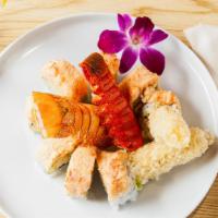 Twin Lobster Roll · Lobster tempura, avocado, cucumber top with lobster salad.