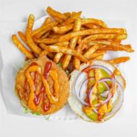 Chicken Sandwich · Halal fried chicken sandwich with lettuce, tomato, onions, pickles topped off with special m...