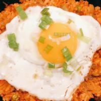 Kimchi & Bacon · Kimchi and bacon fried rice. Served with fried egg and seasoned seaweed.