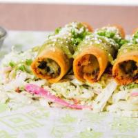 Chile Relleno Flautas · jack & cotija cheese, spicy peppers & potatoes, rolled in crispy corn tortillas with pickled...