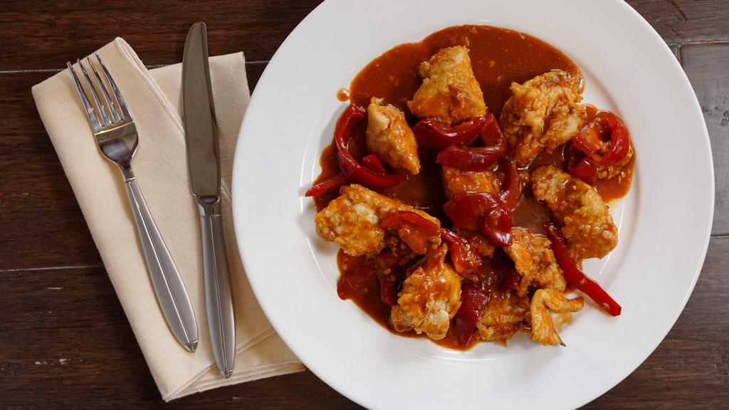 Chicken Scarpariello · Hot and sweet peppers in a balsamic sauce.