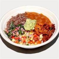 Picnic Bowl · tangy blackbird seitan, baked beans, kale slaw, corn salad, quinoa, guacamole