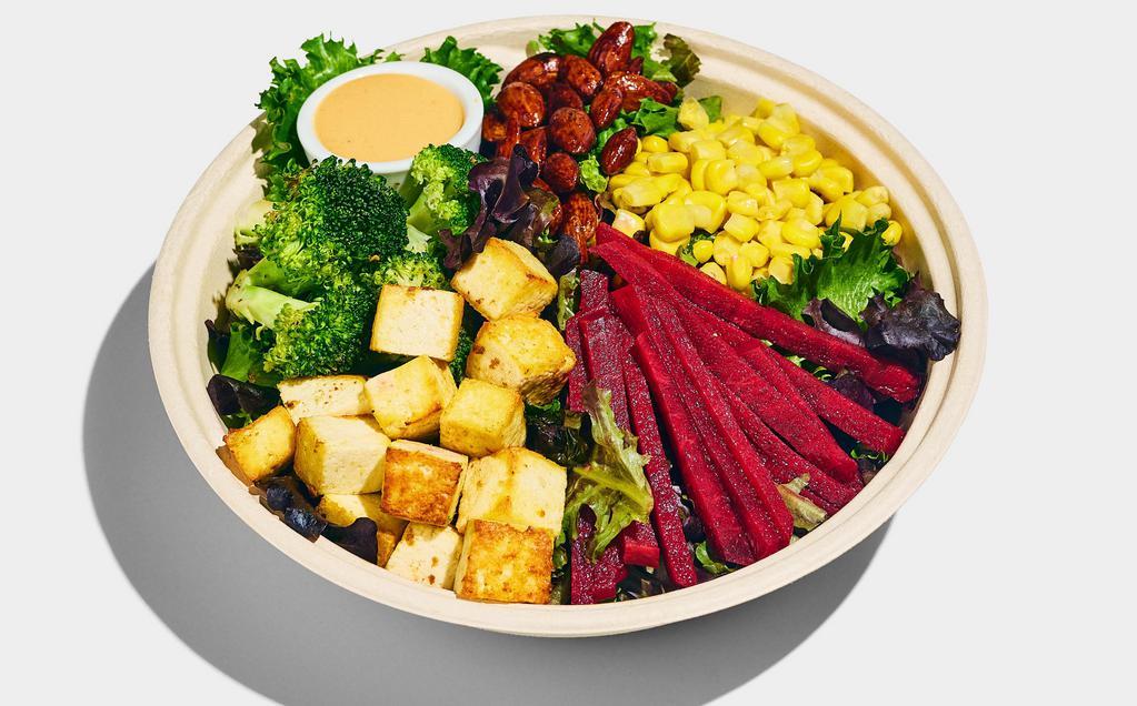 Harvest Salad · mixed greens, sweet corn, pickled beets, broccoli, almonds, ginger tofu, sesame ginger dressing