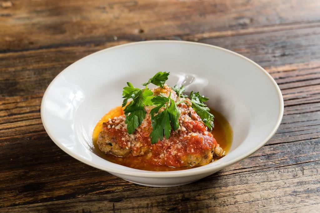 Polpettine · homemade veal meatballs, tomato sauce, Parmigiano-Reggiano