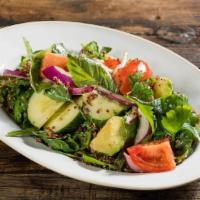 Quinoa · Quinoa salad, spinach, avocado, Kumato tomatoes, cucumber, green beans, toasted almonds, red...