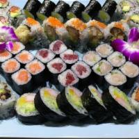 Party K · Cucumber roll, tuna roll, salmon roll, spicy tuna roll, futomaki, eel avocado roll, shrimp t...