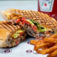 Veggie Panini · Tomato, lettuce, mushrooms, roasted red peppers, red onions, chipotle, mayo & pepper Jack ch...