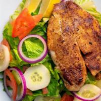 Grilled Tilapia Salad · Fresh filet served grilled over fresh romaine lettuce tomatoes, diced onions, and cucumbers.