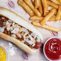 Texas Dog · Spicy chili diced onions & yellow mustard.