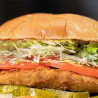 Crispy  Chicken Burger · Original : Light fried chicken breast lettuce tomato raw onions pickles and mayo on a baked ...