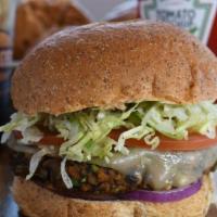 Black Bean Burger · Homemade bean burger, melted provolone, fresh tomato slices, red onion, with chipotle mayo o...