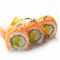 Fire Hydrant Roll · Delicious roll filled with spicy tuna, mango and tempura crunch wrapped with mango and toppe...