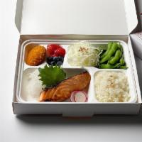 Miso Salmon Set · Rice, Organic Edamame, Potato Croquettes, Cabbage Salad