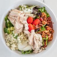 Chicken Cobb Salad · Avocado, grape tomato, boiled egg, romaine hearts, bacon, gorgonzola, ranch dressing