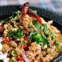 Larb Ped · Spicy minced duck salad with green vegetables and chilies.