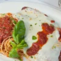 Pollo Parmigiana · Chicken cutlet with fresh mozzarella & tomato sauce with spaghetti