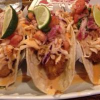 Fish Tacos (3) · Served with, pico de gallo and chipotle coleslaw.