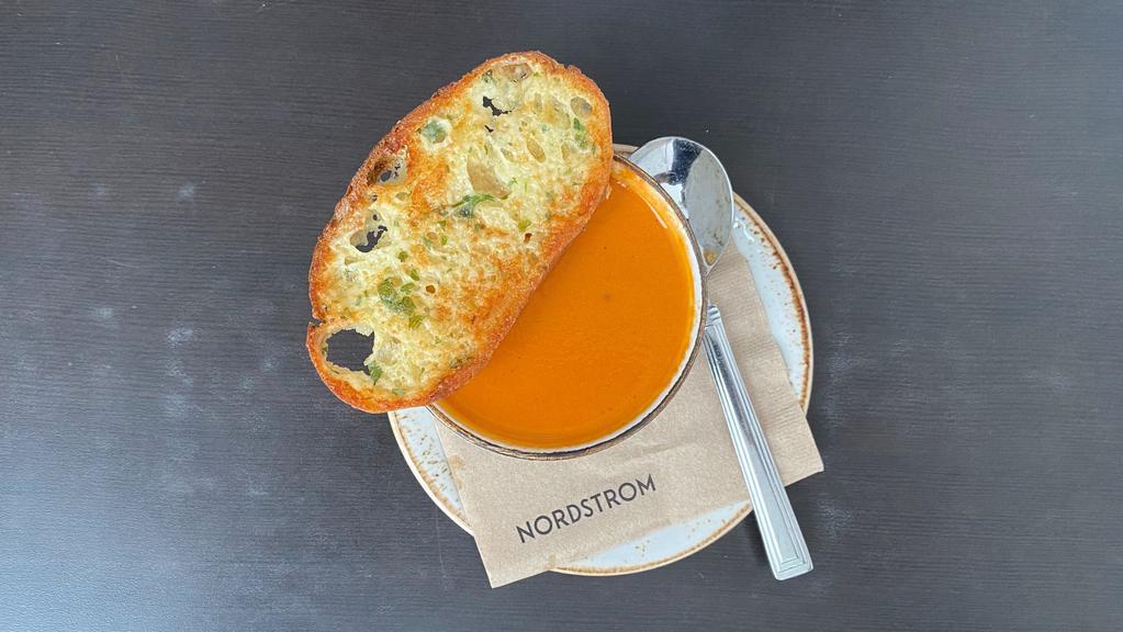 Roma Tomato Basil Soup · includes one (1) herb and parmesan crostini