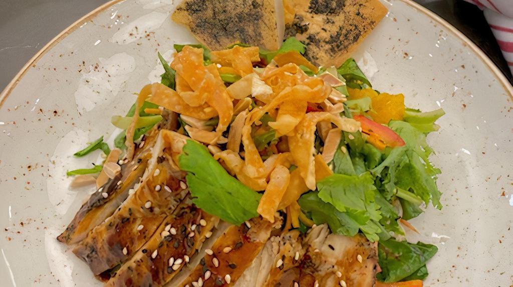 Warm Asian Glazed Chicken · organic baby greens, julienne vegetables, crisp wontons, mandarin oranges, toasted almonds, sesame seeds, cilantro, ginger sesame dressing