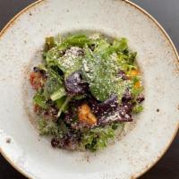 Simple Salad · organic baby greens, heirloom tomatoes, garlic croutons,  parmesan cheese, dijon balsamic vi...