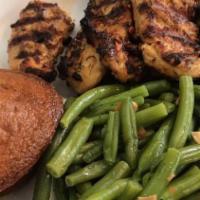 Grilled Cajun Chicken · Served with a tray of side and 12 cornbread.