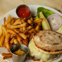 Farm Burger · pasture raised beef, English muffin, handcut fries, dill pickle, onion, lettuce