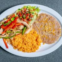 Fajitas · Served with green and red pepper, grilled onion, pico de gallo, rice and beans.