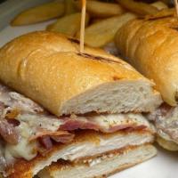 Mac Park Chicken Sandwich · Grilled chicken cutlet, bacon, swiss cheese, horseradish sauce on garlic bread.