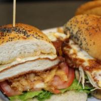 Crispy Chicken Sandwich · Breaded chicken cutlet, lettuce, tomato, crispy onion, mozzarella cheese and chipotle aioli ...