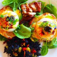 Pork Kakuni Benedict · English muffin, fresh local poached eggs, Japanese braised pork, organic baby spinach, holla...