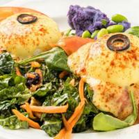 Organic Kale Benedict · Vegetarian. English muffin, organic marinated kale, fresh local poached eggs, organic spinac...