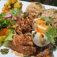 Mochiko Local Chicken · Mochiko Chicken, local egg, homemade sauce, served with rice, organic green, and one side di...