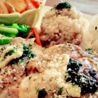 Grilled Dijon Chicken · Served with rice, organic greens, and one side dish.