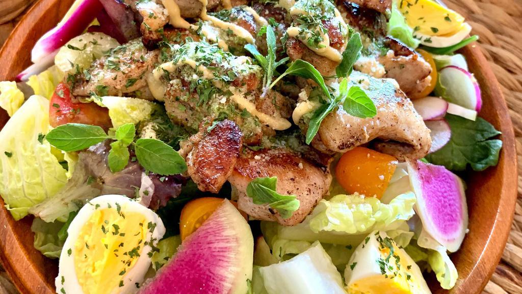 Dijon Chicken Salad · Grilled chicken, fresh local egg, romaine lettuce, organic greens, tomato, baguette, house dressing.
