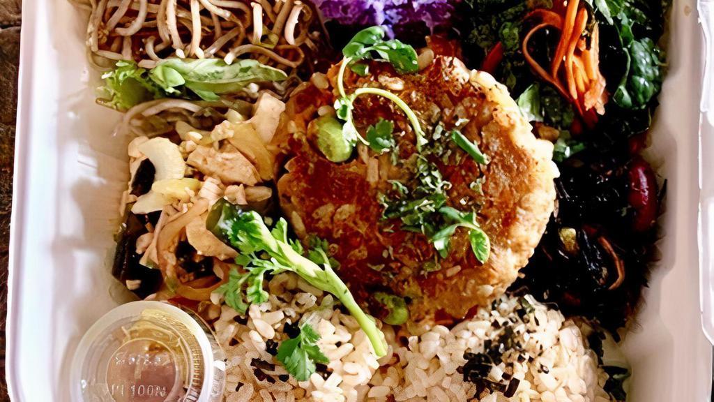 Vegan Hamburger Steak Bento · Vegan, vegetarian and gluten-free. Served with five side dishes and two scoops of rice.